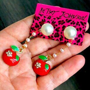 NWT. Betsey Johnson. Red Enameled Apple & Pearls Long Stud Earrings.